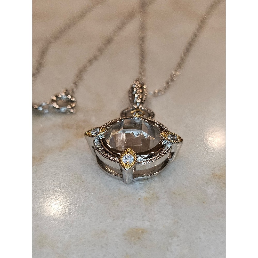 Silver Tone Necklace with Crystal  Round Faceted Stone and Gold‎ Tone Accents - Picture 5 of 11
